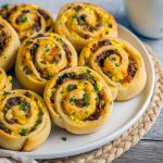 Golden brown savory breakfast rolls stuffed with eggs, sausage, bacon, and cheese, arranged on a platter with fresh fruit and herbs, ready to serve.