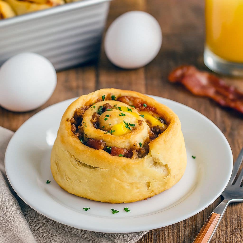 Golden brown savory breakfast rolls stuffed with eggs, sausage, bacon, and cheese, arranged on a platter with fresh fruit and herbs, ready to serve.