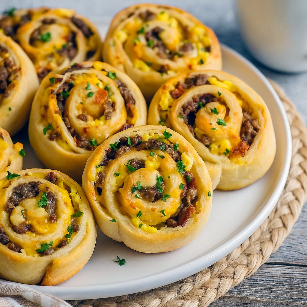 Golden brown savory breakfast rolls stuffed with eggs, sausage, bacon, and cheese, arranged on a platter with fresh fruit and herbs, ready to serve.