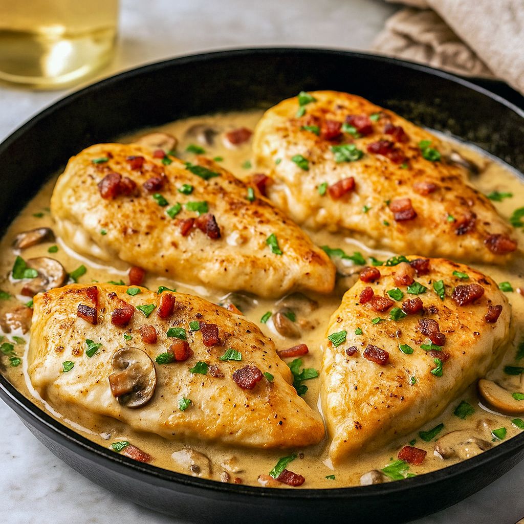 Golden chicken cutlets in a creamy white-wine mushroom sauce with crispy bacon, plated over buttered Parmesan spaghetti and garnished with parsley.