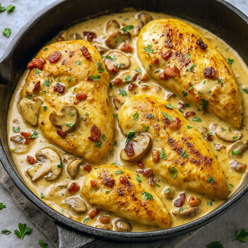 Golden chicken cutlets in a creamy white-wine mushroom sauce with crispy bacon, plated over buttered Parmesan spaghetti and garnished with parsley.