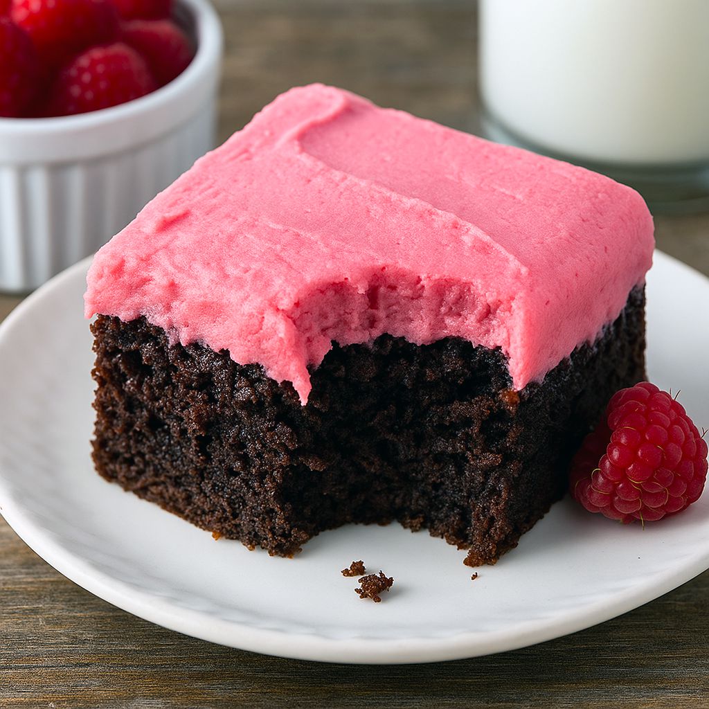 Slice of fudgy chocolate cake spread with pale pink raspberry buttercream, topped with fresh raspberries and a light dusting of powdered sugar.