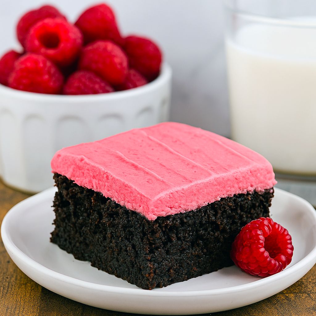Slice of fudgy chocolate cake spread with pale pink raspberry buttercream, topped with fresh raspberries and a light dusting of powdered sugar.