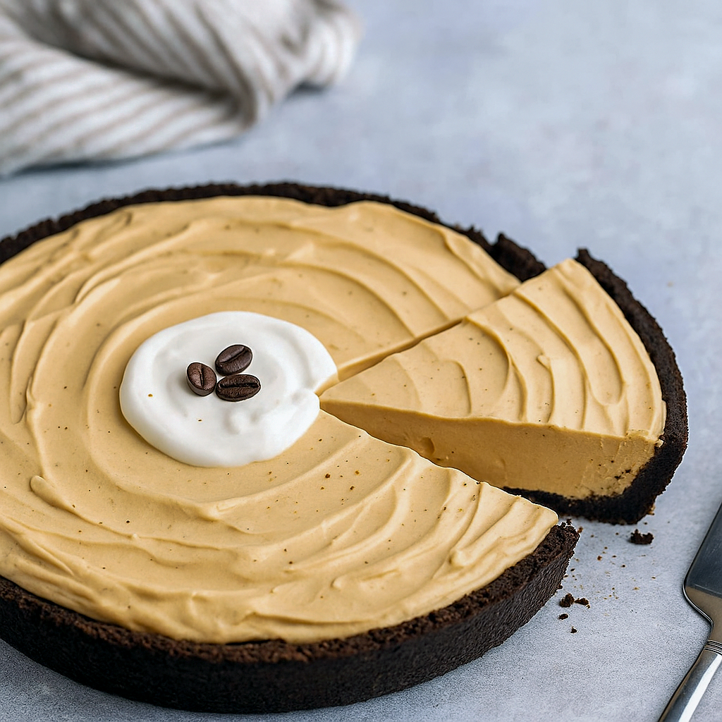 A frozen Espresso Pie on a dark Oreo crust, topped with swirled cream filling made from Dessert Using Heavy Cream and Pie With Condensed Milk, the perfect Simple Weeknight Dessert and one of the easiest No Bake Cream Pie Recipes for coffee lovers.