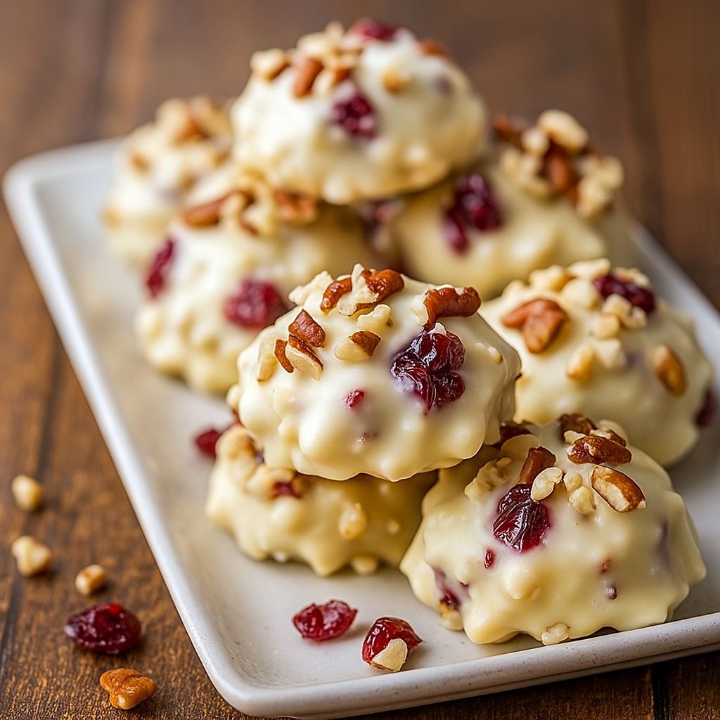 Close-up of glossy white chocolate clusters studded with dried cranberries and toasted pecans, arranged on parchment for gifting.