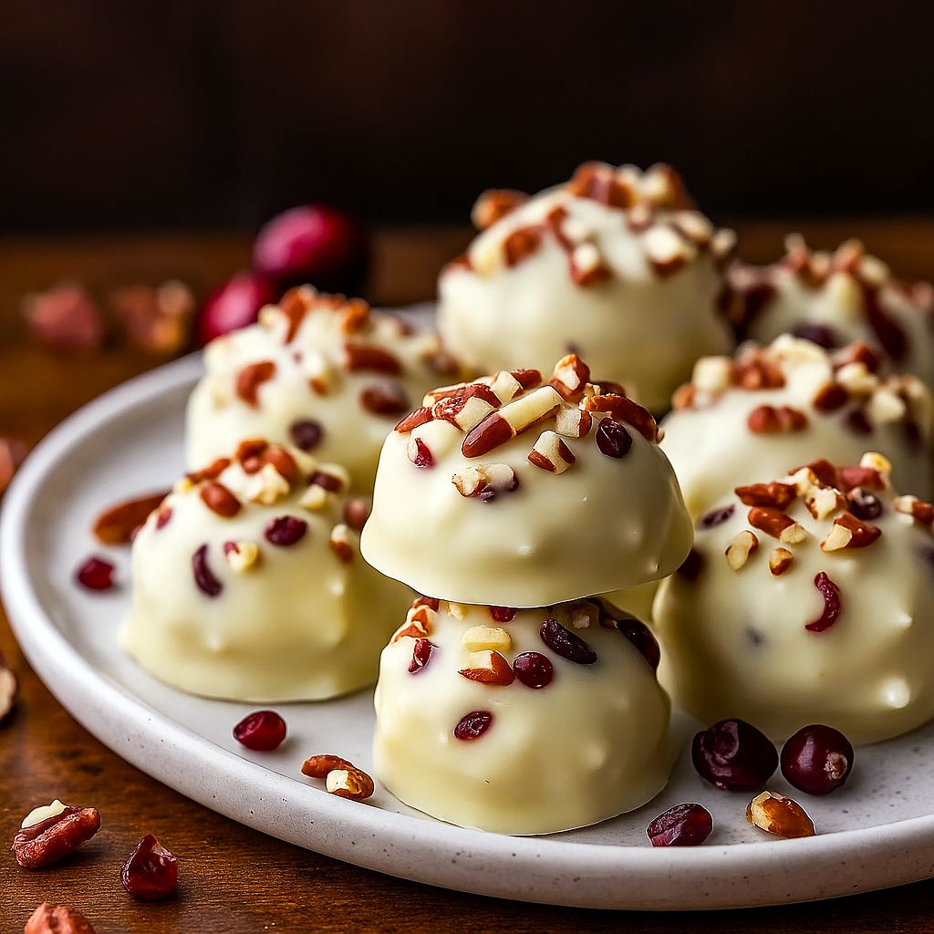 Close-up of glossy white chocolate clusters studded with dried cranberries and toasted pecans, arranged on parchment for gifting.