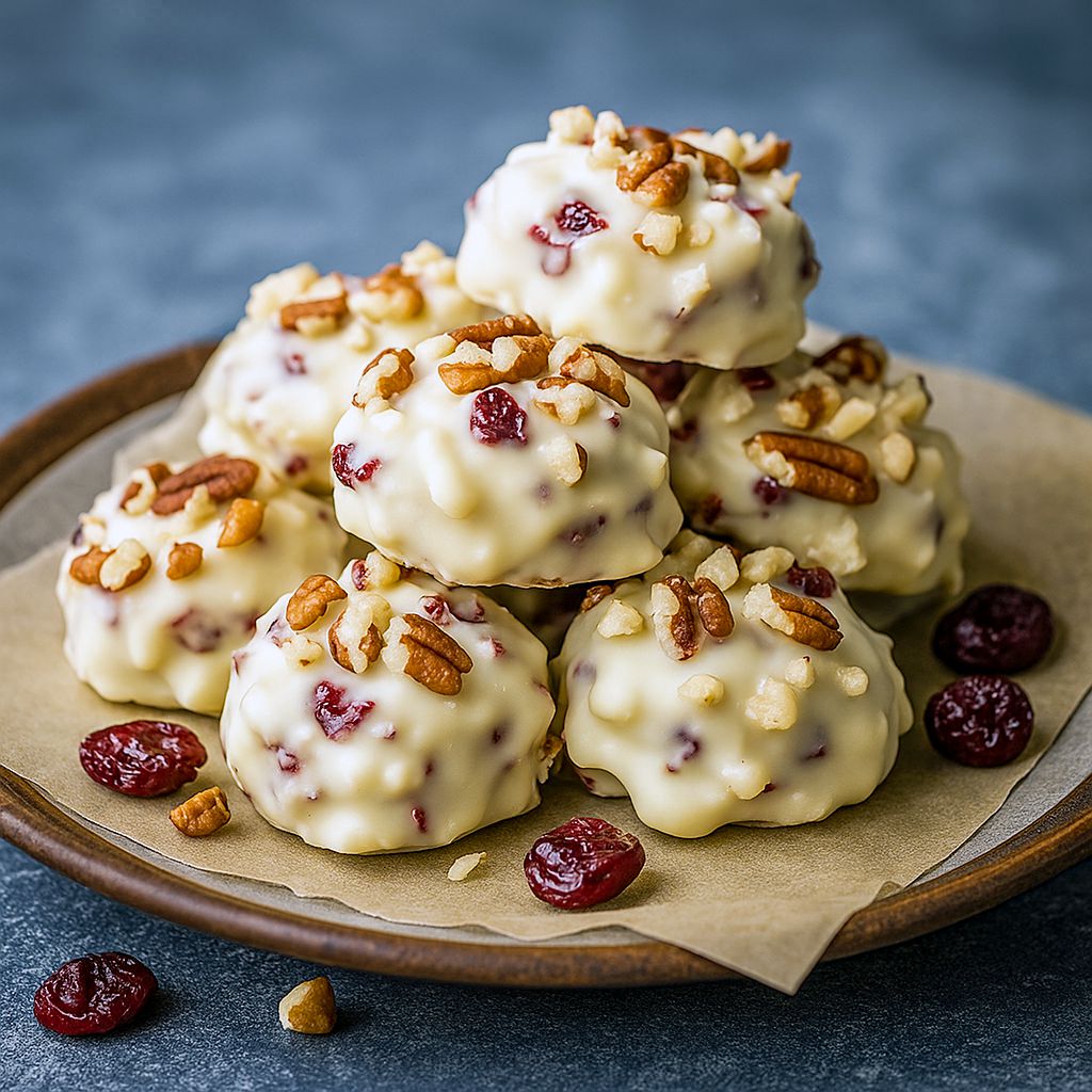 Close-up of glossy white chocolate clusters studded with dried cranberries and toasted pecans, arranged on parchment for gifting.