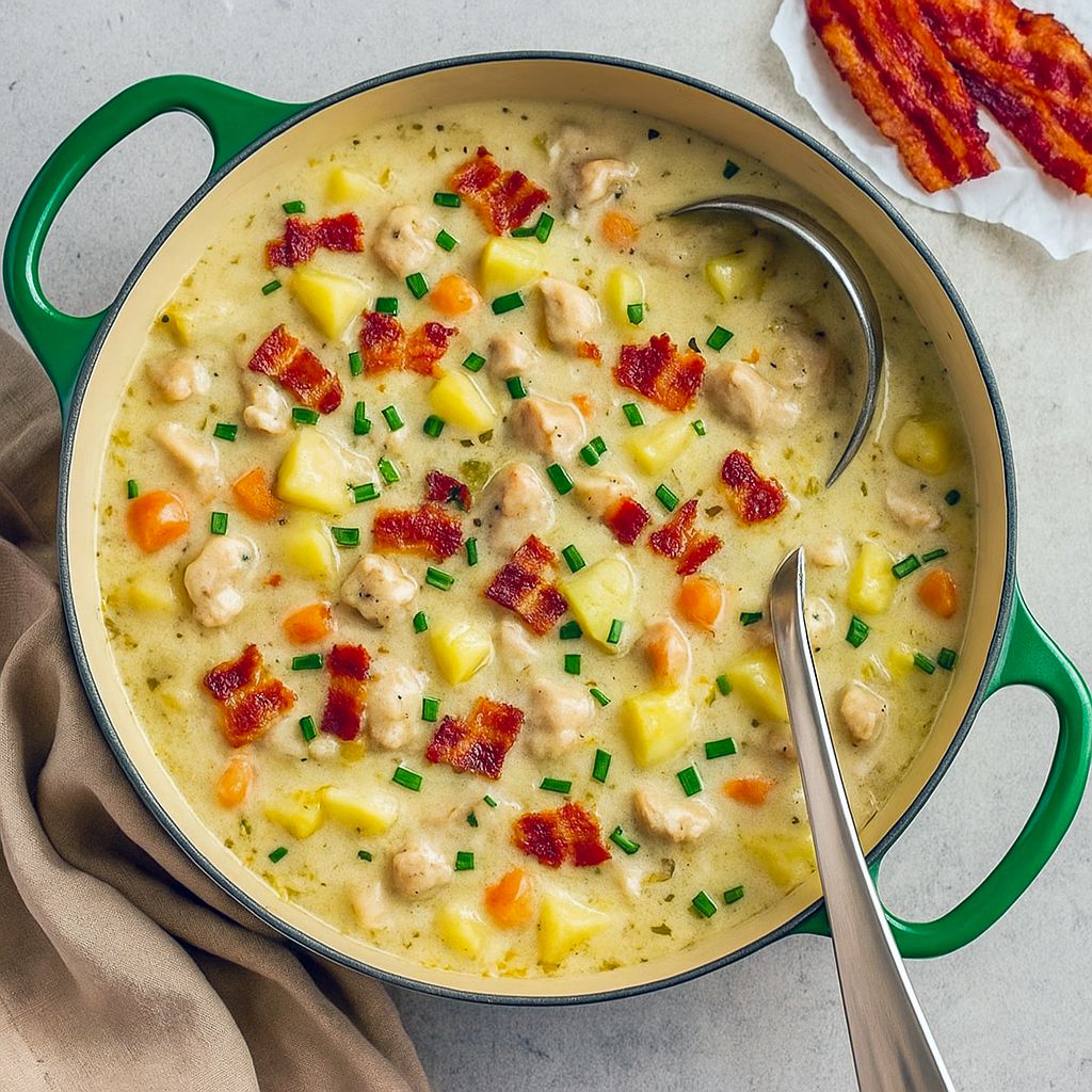 Close-up of a steaming bowl of creamy potato soup with shredded chicken, melted cheddar, and crispy bacon on top — a perfect Chicken Bacon Soup shot for cozy feeds; also reads as a rich Chicken Stock Soup, a variant of Chicken Potato Broccoli Soup when greens are added, and a visual idea for a Potato Soup Low Carb swap.