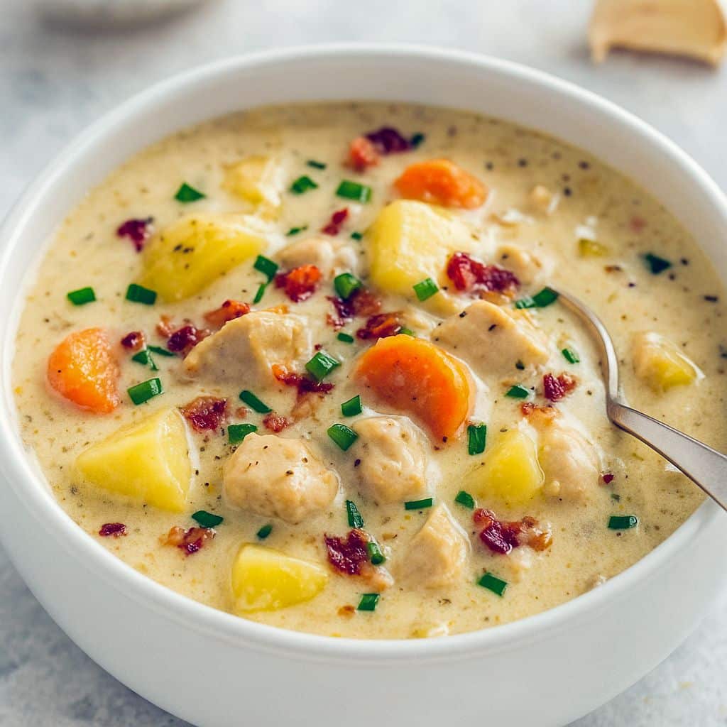 Close-up of a steaming bowl of creamy potato soup with shredded chicken, melted cheddar, and crispy bacon on top — a perfect Chicken Bacon Soup shot for cozy feeds; also reads as a rich Chicken Stock Soup, a variant of Chicken Potato Broccoli Soup when greens are added, and a visual idea for a Potato Soup Low Carb swap.