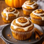 Pumpkin cinnamon-roll style muffin split open to show swirl, drizzled with cream cheese glaze on a wooden board.