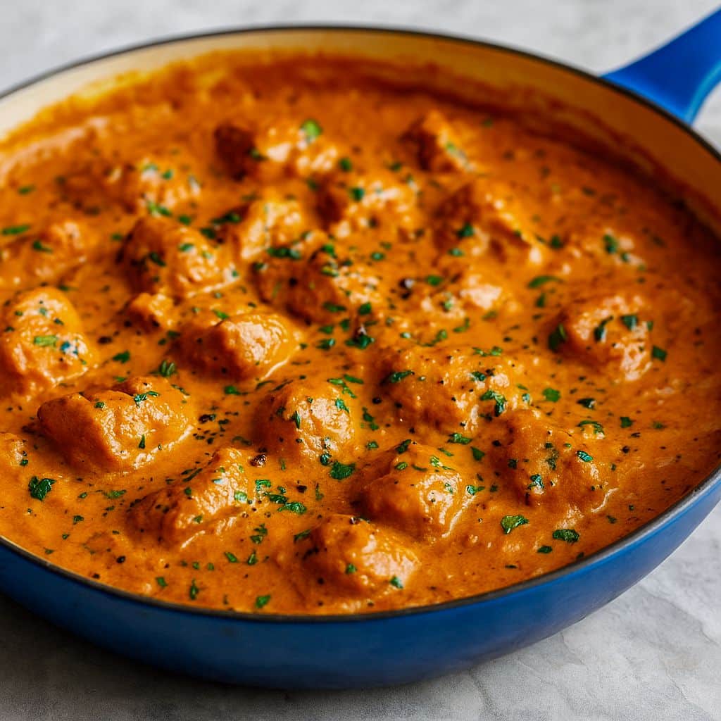 Creamy orange butter chicken in a skillet, sprinkled with parsley, served with warm naan and fluffy rice.