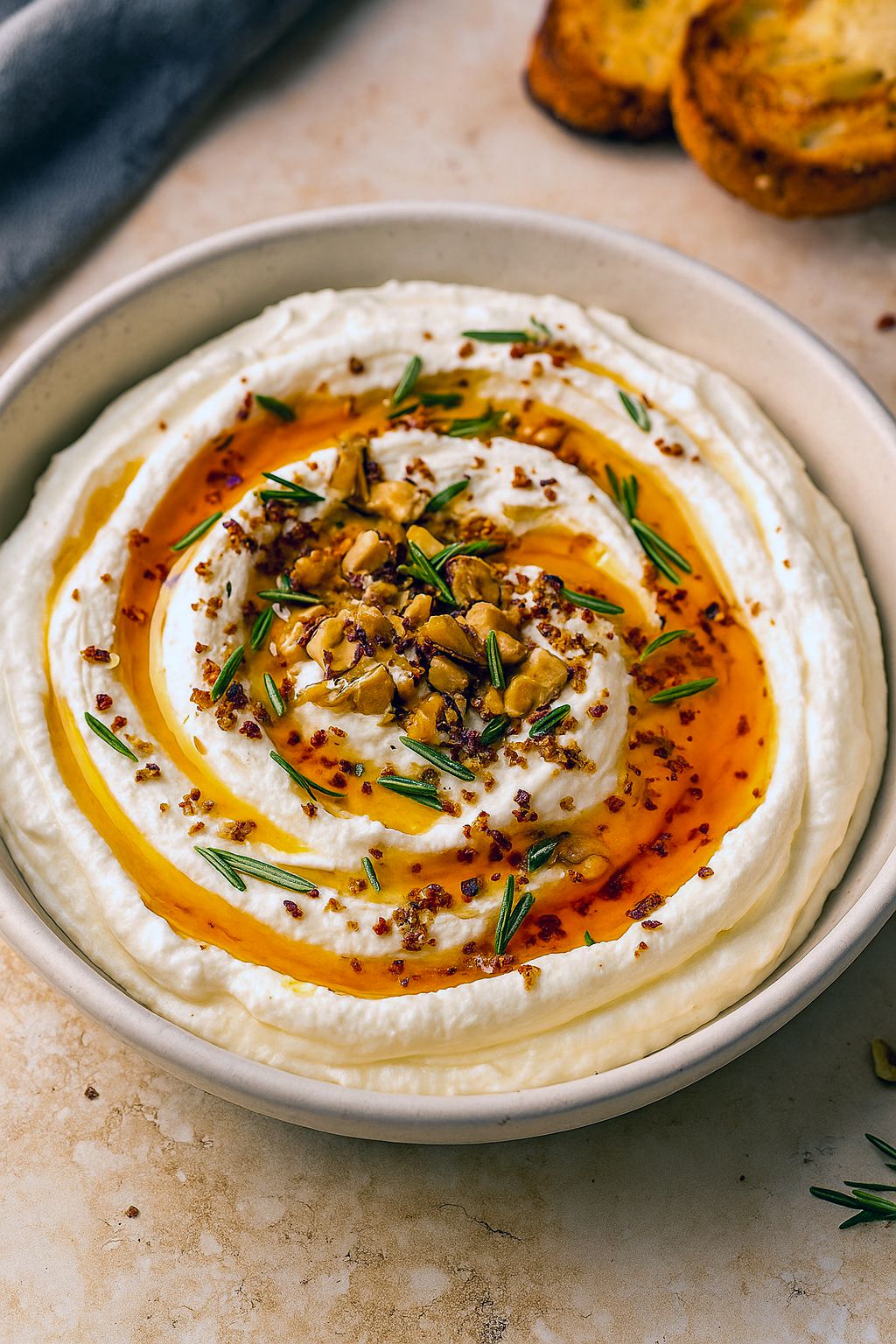 Close-up of Spicy Ricotta Dip topped with hot-honey drizzle, chopped walnuts, and rosemary, served on toasted crostini — a perfect Crostini Dip Recipes photo for August Appetizers boards.