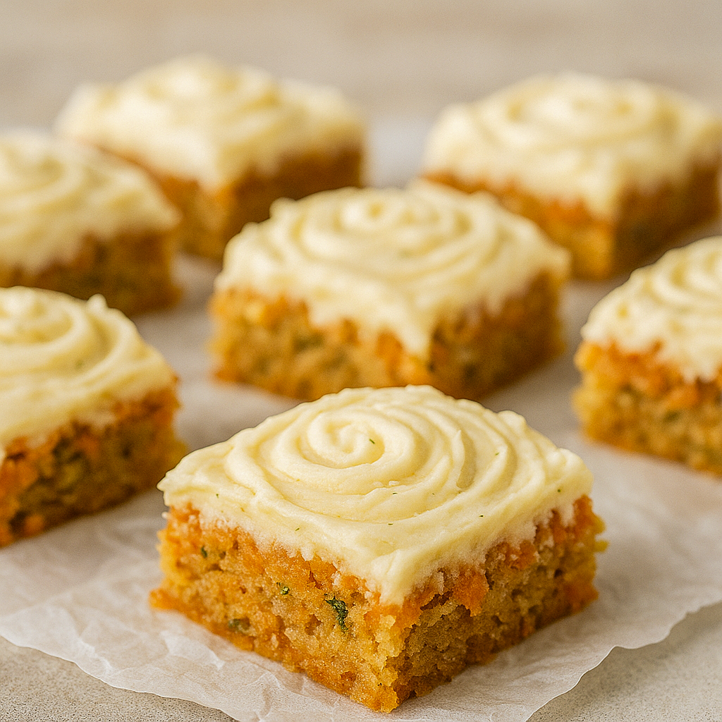 Close-up of frosted zucchini carrot bars cut into squares, showcasing moist texture and creamy frosting – a delicious dessert with vegetables that’s perfect as food for spring and one of the best zucchini dessert recipes for brunch or gatherings.
