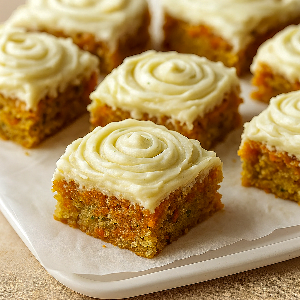 Close-up of frosted zucchini carrot bars cut into squares, showcasing moist texture and creamy frosting – a delicious dessert with vegetables that’s perfect as food for spring and one of the best zucchini dessert recipes for brunch or gatherings.