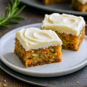Close-up of frosted zucchini carrot bars cut into squares, showcasing moist texture and creamy frosting – a delicious dessert with vegetables that’s perfect as food for spring and one of the best zucchini dessert recipes for brunch or gatherings.