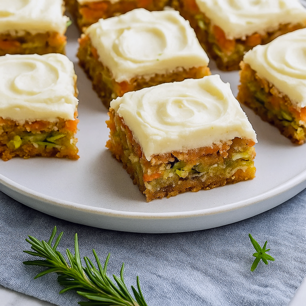 Close-up of frosted zucchini carrot bars cut into squares, showcasing moist texture and creamy frosting – a delicious dessert with vegetables that’s perfect as food for spring and one of the best zucchini dessert recipes for brunch or gatherings.
